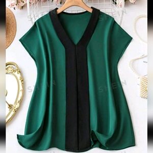 Clasi Plus Size Women's Contrast Color V-Neck Blouse